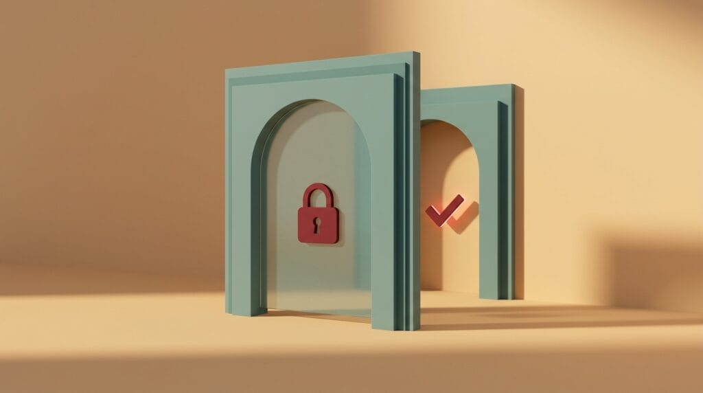 Illustration of two teal archways standing one behind the other in warm light, the first marked with a padlock and the second with a checkmark, representing two sequential security checks.