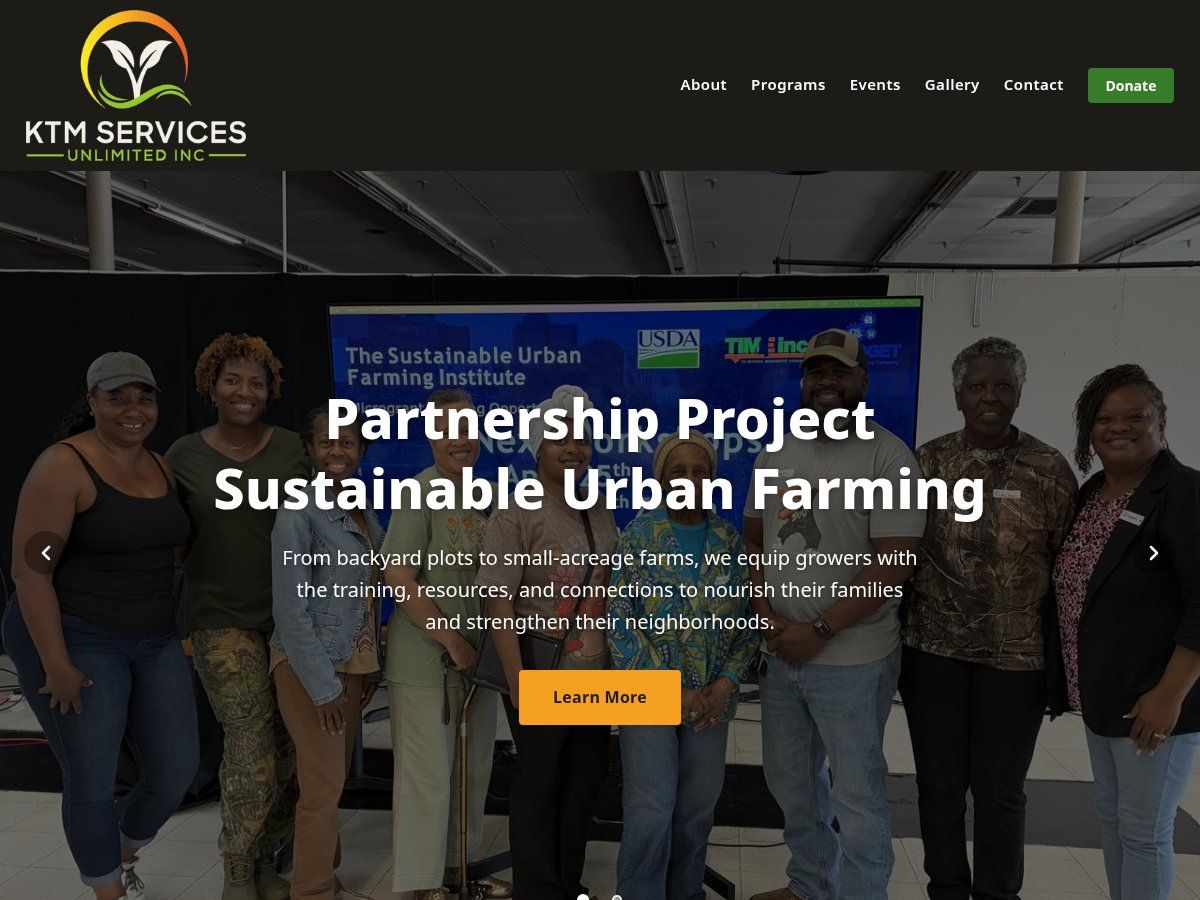 KTM Services Unlimited homepage: a group of growers and staff standing in front of a Sustainable Urban Farming Institute screen, under the headline Partnership Project, Sustainable Urban Farming